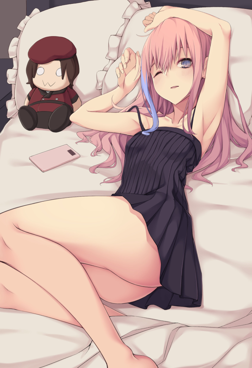 act_(xadachit) armpits arms_up bare_legs bare_shoulders black_camisole camisole cellphone collarbone female girls'_frontline hair_between_eyes highres long_hair looking_at_viewer lying multicolored_hair one_eye_closed parted_lips phone pillow pink_hair purple_eyes solo spaghetti_strap st_ar-15_(girls'_frontline) streaked_hair