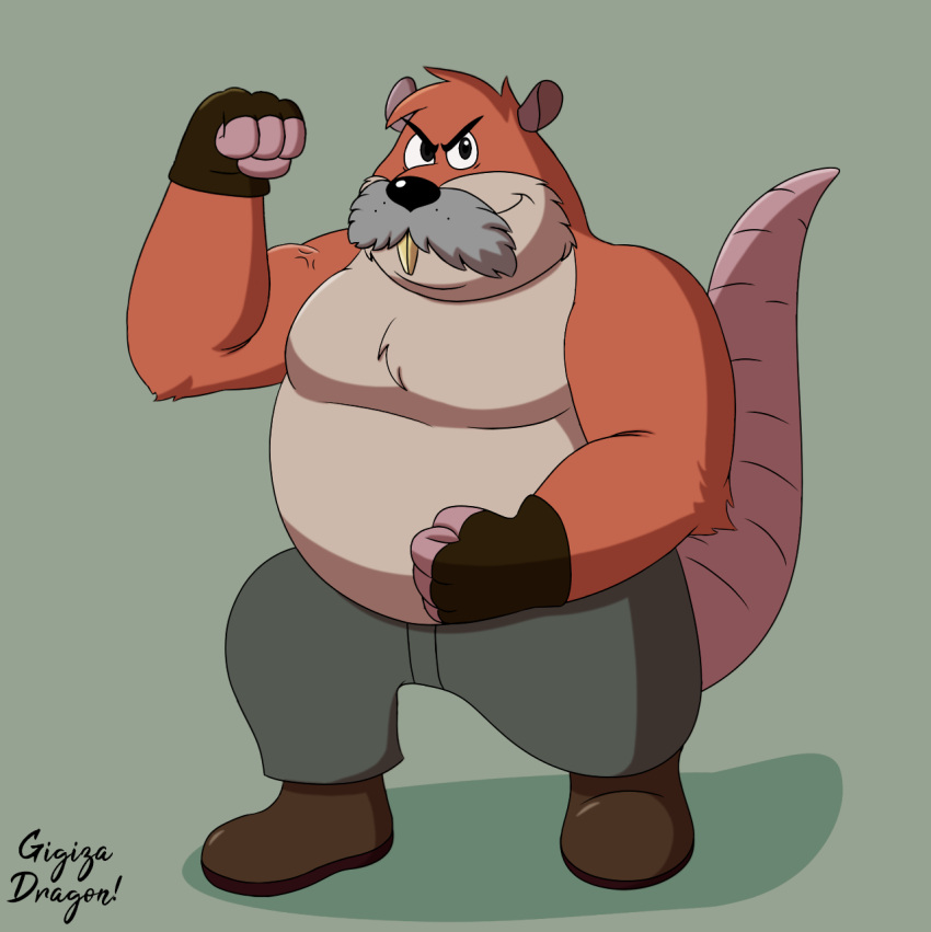 2023 anthro belly big_belly bottomwear brok_the_investigator clothing cowcat_games cricetid facial_hair gigizadragon hi_res humanoid_hands male mammal mature_male moustache muskrat overweight overweight_male pants rodent solo tramp_(brok_the_investigator)