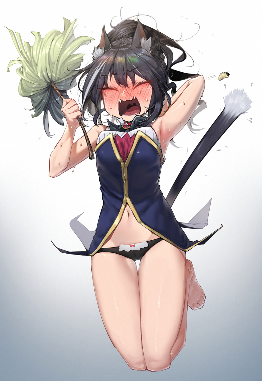 animal_ears arm_up armpits bare_legs bare_shoulders barefoot black_hair black_panties blush breasts cat_ears cat_girl cat_tail closed_eyes commentary_request d: duplicate duster fangs feather_duster feet female full-face_blush full_body full_moon gradient_background grey_background grey_hair highres holding karyl_(princess_connect!) korean_commentary long_hair maggot medium_breasts moon motion_lines multicolored_hair navel open_mouth panties partial_commentary photoshop_(medium) pixel-perfect_duplicate ponytail princess_connect! sd_bigpie sleeveless solo stomach streaked_hair sweat tail thigh_gap underwear uvula v-shaped_eyebrows