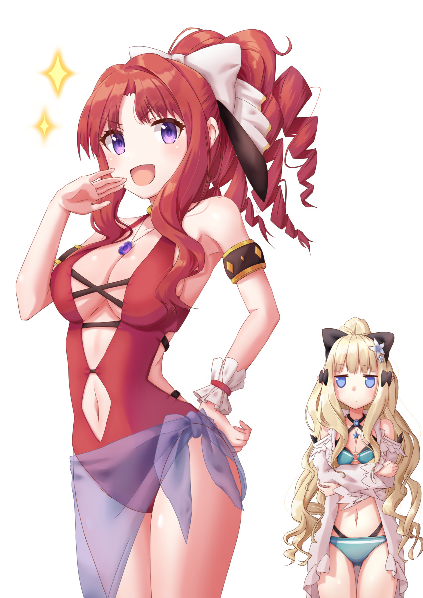 2girls :d absurdres akino_(princess_connect!) akino_(summer)_(princess_connect!) armlet armpits bad_id bad_pixiv_id bare_shoulders bikini black_bow blonde_hair blue_eyes blush bow breasts cleavage closed_mouth clothing_cutout collarbone commentary cowboy_shot criss-cross_halter crossed_arms drill_hair elf flower green_bikini hair_flower hair_ornament hair_up hairbow halterneck hand_on_own_hip high_ponytail highleg highleg_bikini highres jacket jewelry jitome large_breasts layered_bikini long_hair long_sleeves looking_at_viewer midriff multiple_girls navel navel_cutout necklace o-ring o-ring_bikini off_shoulder ojou-sama_pose one-piece_swimsuit open_mouth parted_bangs pointy_ears ponytail princess_connect! purple_eyes red_hair red_one-piece_swimsuit saren_(princess_connect!) saren_(summer)_(princess_connect!) sarong sidelocks simple_background smile sparkle standing swimsuit thigh_gap v-shaped_eyebrows white_background white_bow white_jacket wrist_cuffs yamano_rokamizu