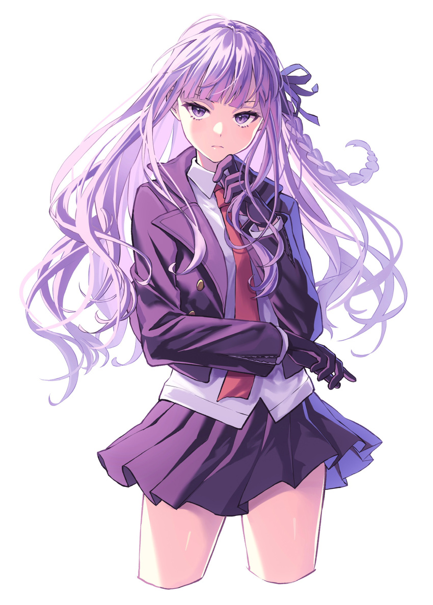 adjusting_clothes adjusting_gloves black_gloves braid commentary cowboy_shot cropped_legs danganronpa:_trigger_happy_havoc danganronpa_(series) female floating_hair gloves hair_ornament hair_ribbon highres jacket kirigiri_kyoko long_hair long_sleeves looking_at_viewer lq_saku miniskirt necktie pleated_skirt purple_eyes purple_hair purple_skirt ribbon school_uniform shirt side_braid simple_background single_braid skirt solo white_background white_shirt