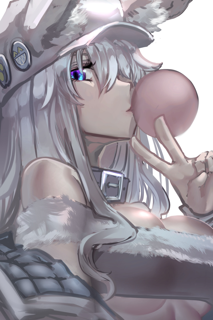 absurdres animal_ear_fluff animal_ears bandeau bare_shoulders blowing_bubbles blue_eyes breasts cabbie_hat chewing_gum cleavage collar ears_through_headwear female fox_ears fur_trim grey_hair hair_over_one_eye hand_up hat highres jacket large_breasts long_hair looking_at_viewer monster_energy-chan nakasaku-p off_shoulder original simple_background solo upper_body v white_background white_hat