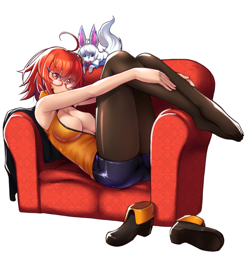 ahoge bare_arms black_pantyhose blue_shorts breasts brown_eyes cleavage couch fate/grand_order fate_(series) female fou_(fate) from_side fujimaru_ritsuka_(female) full_body glasses hair_ornament hairclip highres large_breasts long_hair looking_at_viewer looking_over_eyewear lying on_back open_clothes open_shirt pantyhose pantyhose_under_shorts red-framed_eyewear red_hair shirt short_shorts shorts sleeveless sleeveless_shirt solo taru_neko yellow_shirt