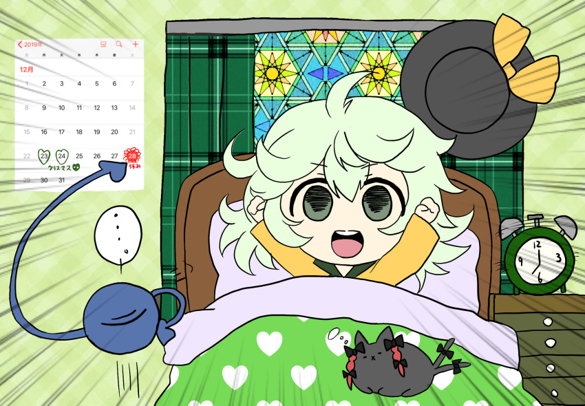 ... 2019 :d :x alarm_clock arms_up black_bow black_cat black_hat blanket blouse bow braid calendar_(object) chibi clenched_hands clock closed_eyes collared_shirt curtains drawer ear_bow eyeball feline female green_curtains green_eyes hair_between_eyes hat hat_ribbon heart heart_print highres kaenbyou_rin kaenbyou_rin_(cat) komeiji_koishi light_green_hair long_sleeves looking_at_viewer medium_hair messy_hair open_mouth pillow plaid_curtains red_hair ribbon round_teeth shirt smile solo spoken_ellipsis stained_glass tail tail_bow tail_ornament teeth third_eye touhou twin_braids under_covers unworn_hat unworn_headwear upper_teeth_only v-shaped_eyebrows washiwa wavy_hair wide_sleeves window yellow_ribbon yellow_shirt