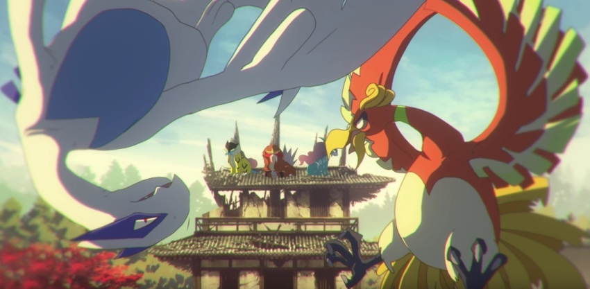 bird blue_sky brass_tower_(pokemon) cloud cloudy_sky commentary creature day ecruteak_city english_commentary entei flying gen_2_pokemon ho-oh lugia no_humans outdoors plumepox pokemon pokemon_(creature) raikou ruins sky suicune tower