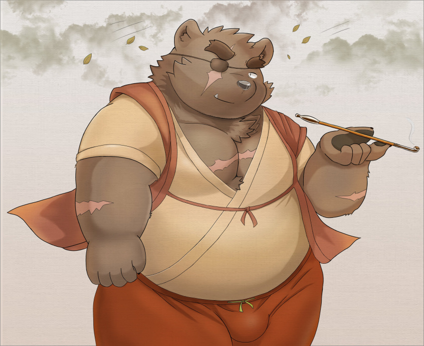 2023 absurd_res anthro bear belly big_belly black_nose brown_body bulge clothed clothing eye_patch eyewear gouki_(the_spicy_ninja_scrolls) hi_res humanoid_hands kemono male mammal musclegut muscular overweight overweight_male scar solo the_spicy_ninja_scrolls timaki_z