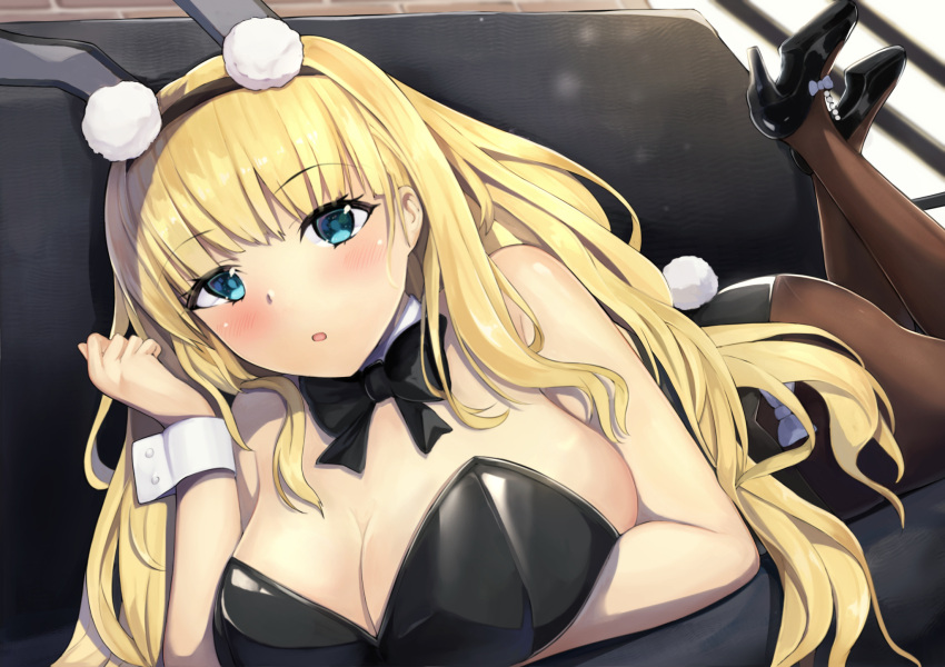 animal_ears ass azur_lane bare_shoulders black_leotard blonde_hair blue_eyes bow bowtie breasts cleavage commentary_request couch cuff_links detached_collar fake_animal_ears fake_tail female full_body high_heels highres huge_breasts indoors leotard long_hair looking_at_viewer lying nori_aji north_carolina_(azur_lane) north_carolina_(the_heart's_desire)_(azur_lane) official_alternate_costume on_couch on_stomach pantyhose playboy_bunny rabbit_ears rabbit_tail solo strapless strapless_leotard tail very_long_hair wrist_cuffs