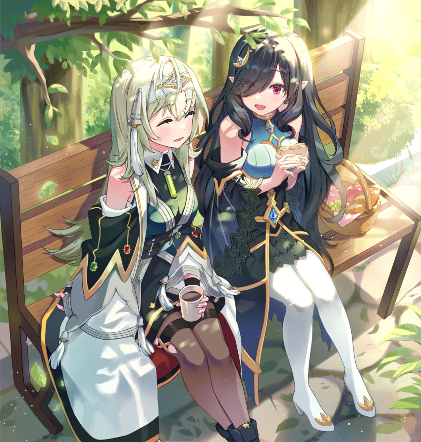 2girls ^_^ black_hair black_legwear black_skirt blush boots breasts closed_eyes commentary detached_sleeves eda_(epic_seven) epic_seven green_hair hair_behind_ear hair_over_shoulder high-waist_skirt high_heel_boots high_heels highres korean_commentary medium_breasts mintpompom multiple_girls open_mouth pantyhose pointy_ears politis_(epic_seven) sitting skirt smile sunlight tiara tree white_footwear