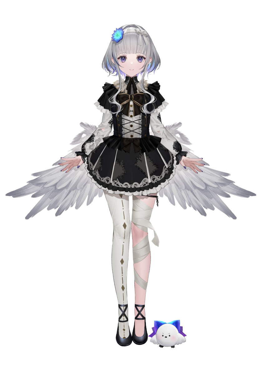 absurdres bandaged_leg bandages black_dress black_footwear black_ribbon blue_flower blunt_bangs collared_dress dress feathers female flower full_body grey_wings hair_flower hair_ornament highres looking_at_viewer low_wings neck_ribbon official_art purple_nails re:act ribbon short_hair_with_long_locks simple_background single_thighhigh straight-on takubon thighhighs usuwa_suu virtual_youtuber white_background white_feathers white_wings wings