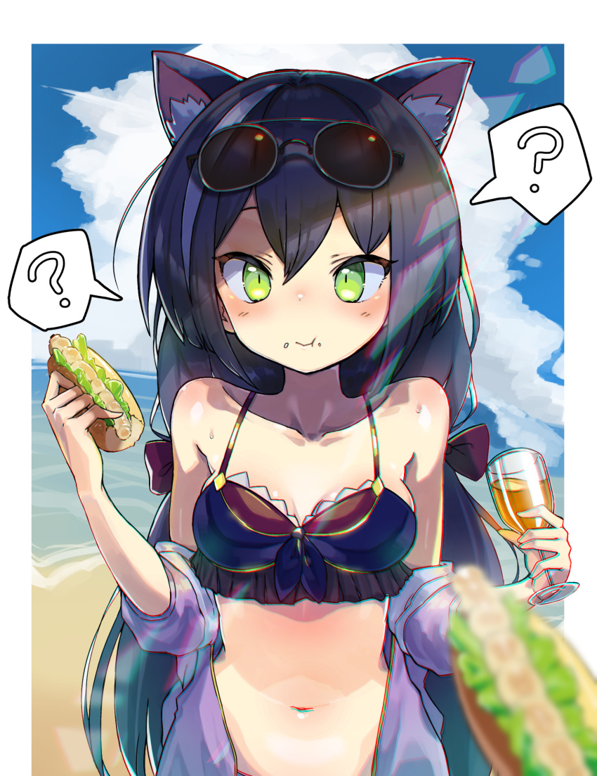 ? animal_ear_fluff animal_ears bare_shoulders beach bikini blush bongnom border bow breasts cat_ears cat_girl closed_mouth cloud cloudy_sky collarbone commentary day double-parted_bangs drink eating eyebrows_hidden_by_hair eyewear_on_head female food food_on_face green_eyes hairbow hands_up highres holding holding_drink holding_food jacket karyl_(princess_connect!) karyl_(summer)_(princess_connect!) long_hair looking_at_viewer medium_breasts multicolored_hair navel outdoors pov princess_connect! purple_bikini purple_hair purple_jacket red_bow short_sleeves sidelocks sky solo spoken_question_mark streaked_hair sunglasses swimsuit twintails upper_body white_border