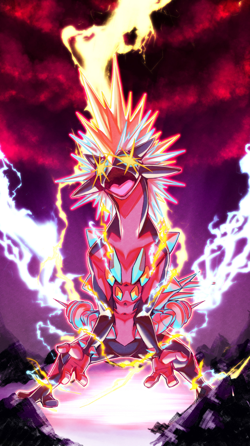 commentary_request electricity full_body furry gigantamax gigantamax_toxtricity highres kamuza legs_apart lightning looking_at_viewer open_mouth outdoors pokemon pokemon_(creature) solo standing toxtricity