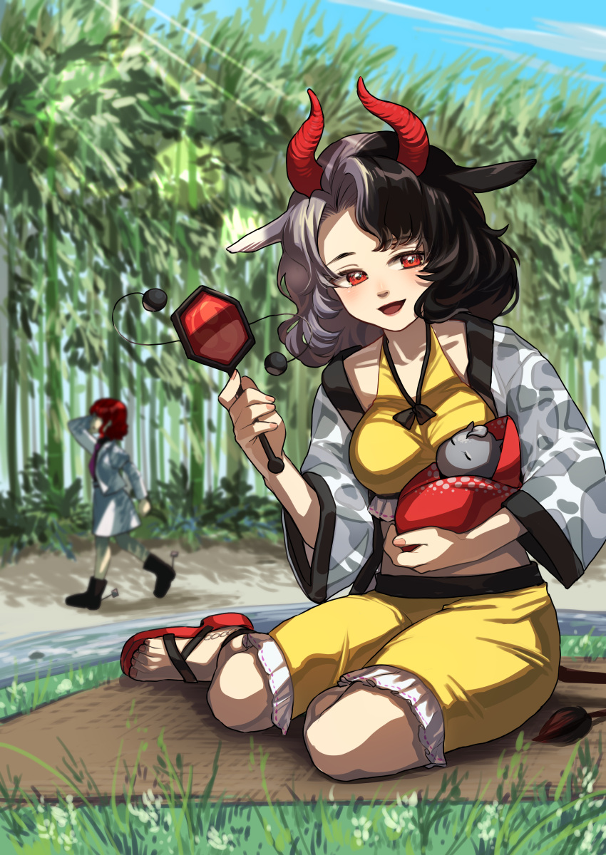 2girls absurdres animal_ears animal_print arm_up bamboo boots breasts commentary_request cow_ears cow_horns cow_print cow_tail crop_top day frilled_shorts frills haori highres holding horikawa_raiko horns japanese_clothes looking_at_viewer medium_hair midriff multicolored_hair multiple_girls open_mouth outdoors rattle_drum red_eyes red_footwear red_hair red_horns sandals shirane_koitsu shorts sitting split-color_hair statue tail touhou two-tone_hair ushizaki_urumi yellow_shorts yokozuwari