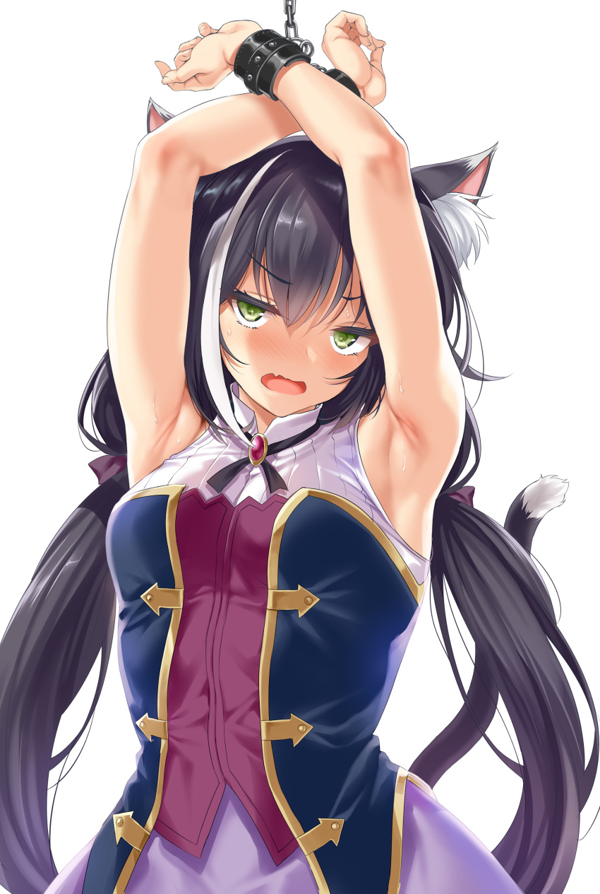 absurdres animal_ear_fluff animal_ears armpits arms_up bare_shoulders black_hair blush bondage bondage bound bound_arms breasts cat_ears cat_girl cat_tail chained chains cle_masahiro commentary_request cowboy_shot dress fantia_reward female green_eyes highres karyl_(princess_connect!) long_hair looking_at_viewer low_twintails multicolored_clothes multicolored_dress multicolored_hair oerba_yun_fang open_mouth paid_reward princess_connect! simple_background skin_fang sleeveless sleeveless_dress small_breasts solo streaked_hair tail twintails v-shaped_eyebrows very_long_hair white_background white_hair