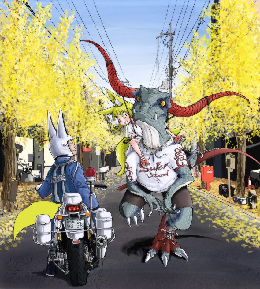 1boy absurdres animal animal_ears autumn_leaves blue_jacket blue_pants blue_sky blunt_bangs blush boots closed_mouth clothed_animal day doitsuken dragon dress female fox_boy fox_ears fox_girl fox_tail gloves helmet highres jacket jewelry leaf leaning_on_object license_plate lizard lolicon long_sleeves looking_at_another looking_up medium_hair monster motor_vehicle motorcycle motorcycle_helmet necklace orange_eyes original outdoors pants police police_motorcycle police_uniform policeman postbox_(outgoing_mail) power_lines red_footwear reins riding road shirt shoes short_eyebrows shorts sitting sky slit_pupils smile standing standing_on_one_leg street tail thick_eyebrows uniform utility_pole walking white_dress white_gloves