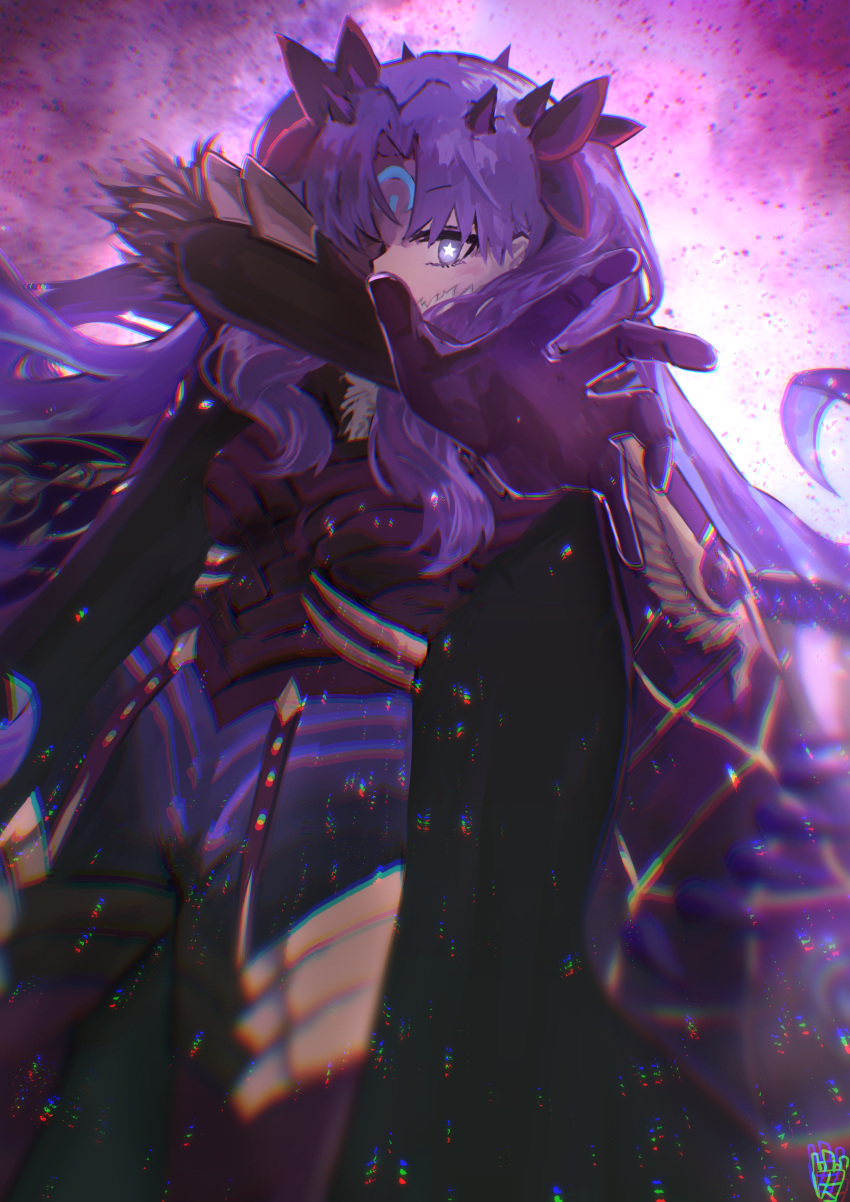 absurdres blue_bodysuit blue_cloak blue_eyes blue_hair bodysuit breasts cloak facial_mark fate/grand_order fate_(series) female forehead_mark fur-trimmed_cloak fur_trim hair_ribbon highres horns ishtar_(fate) long_hair looking_at_viewer medium_breasts multicolored_hair ootato outstretched_arm parted_bangs ribbon space_ishtar_(fate) symbol-shaped_pupils two-tone_hair two_side_up