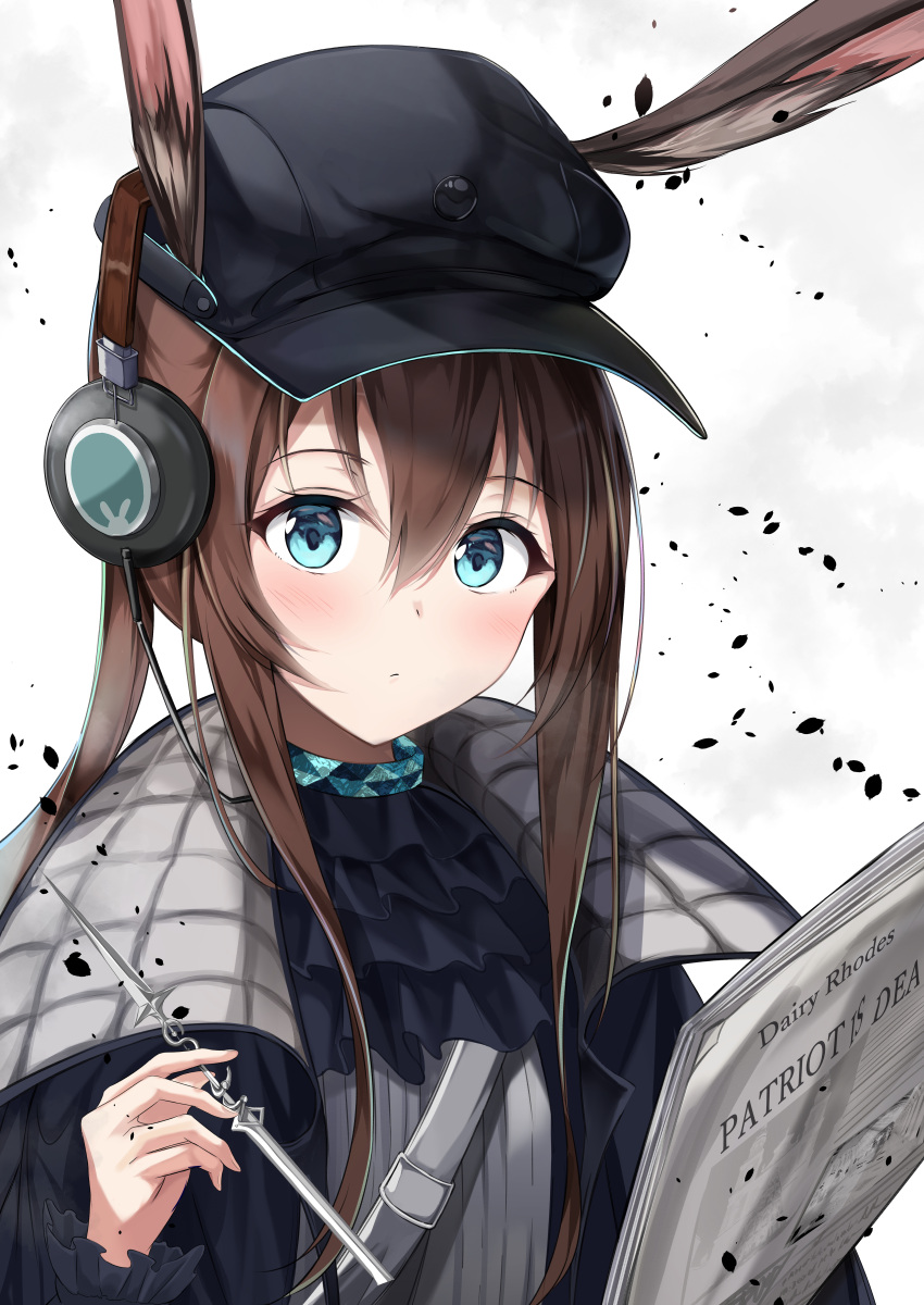 absurdres amiya_(arknights) amiya_(newsgirl)_(arknights) animal_ears arknights ascot black_ascot black_coat black_hat blush brown_hair cabbie_hat closed_mouth coat ears_through_headwear emimeku english_commentary female frilled_sleeves frills hair_between_eyes hat headphones highres holding long_hair long_sleeves looking_at_viewer newspaper official_alternate_costume open_clothes open_coat ponytail rabbit_ears sidelocks solo spoilers typo upper_body