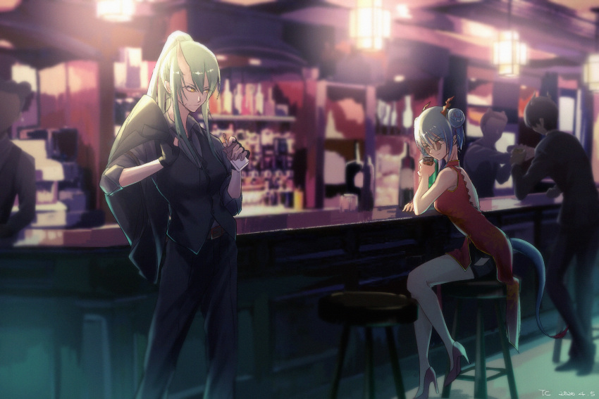 2girls 3boys absurdres alternate_costume arknights bar_(place) bartender blue_hair ch'en_(ageless_afterglow)_(arknights) ch'en_(arknights) china_dress chinese_clothes commentary_request dragon_horns dragon_tail dress fingerless_gloves formal gloves green_hair highres horns hoshiguma_(arknights) jacket jacket_on_shoulders long_hair multiple_boys multiple_girls necktie official_alternate_costume pants single_horn skin-covered_horns sunglasses tail tory-chen