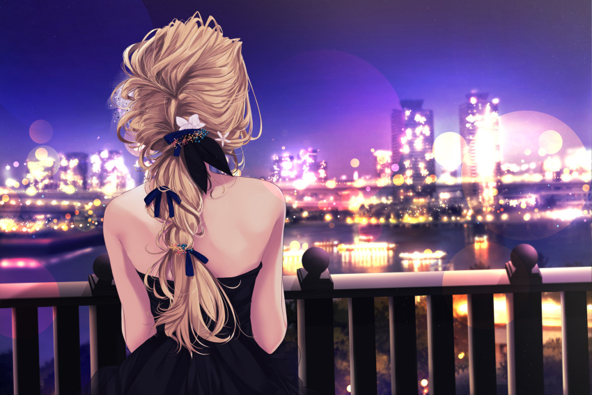 back bare_shoulders black_dress blonde_hair blurry bokeh braid cityscape commentary depth_of_field dress facing_away female from_behind hair_ribbon highres lens_flare long_hair night night_sky original outdoors purple_ribbon railing reflection ribbon river sasahara_wakaba single_braid sky solo symbol-only_commentary upper_body