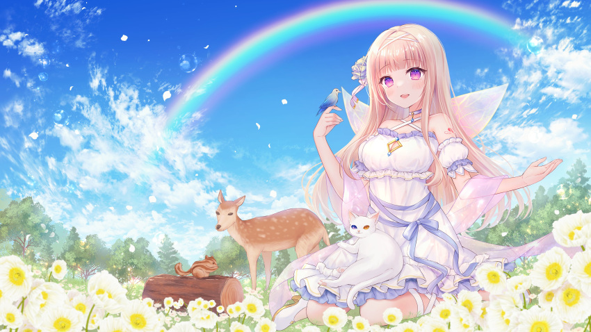 absurdres ayamo_nono bird blonde_hair blue_sky deer dress feline female flower haruhitooo highres key_visual long_hair looking_at_viewer official_art open_mouth outdoors promotional_art rainbow re:act sky smile tree virtual_youtuber wings wood