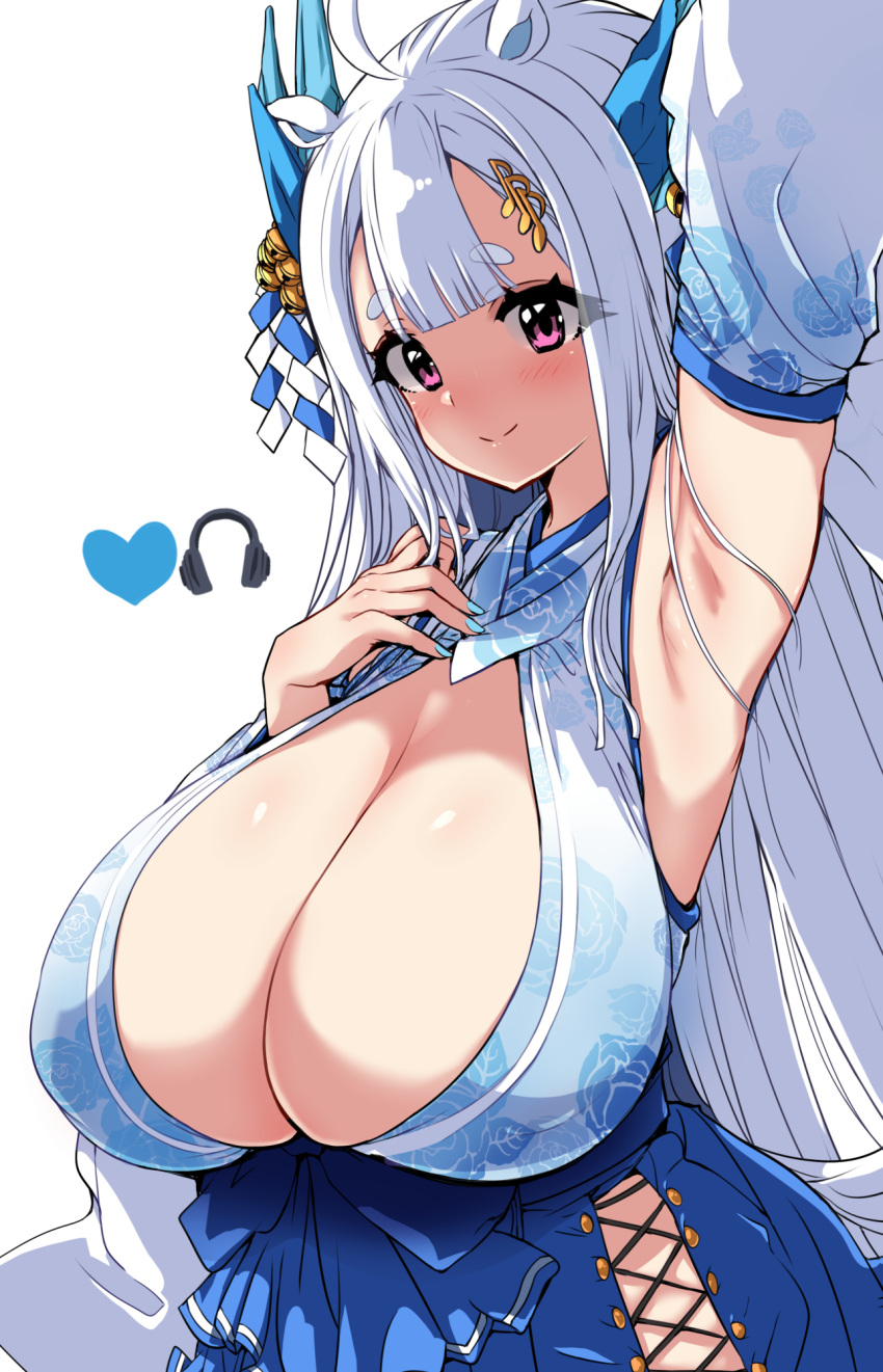 ahoge animal_ears arm_up armpits blue_skirt blunt_bangs breasts character_request cleavage closed_mouth copyright_request detached_sleeves female floral_print heart highres hirowa_nagi huge_breasts light_smile long_hair looking_at_viewer pink_eyes short_eyebrows simple_background skirt solo thick_eyebrows very_long_hair white_background white_hair