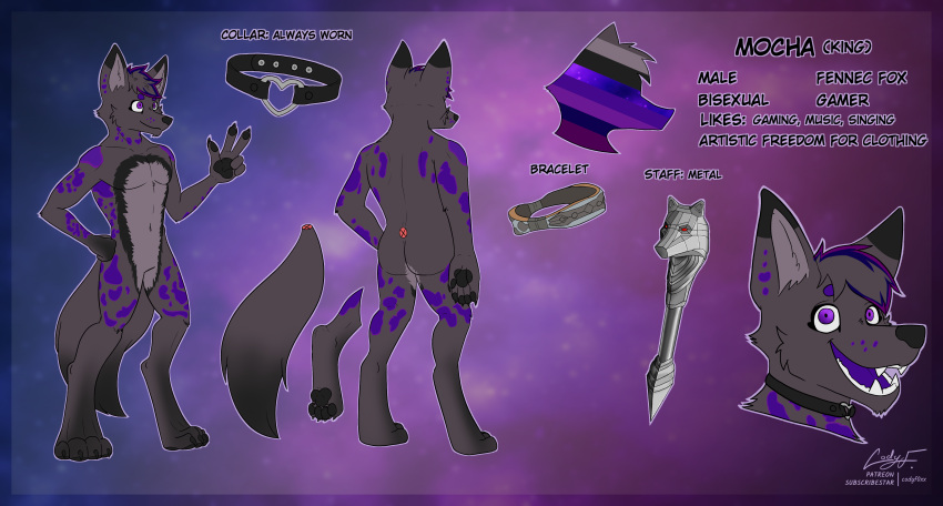 absurd_res black_nose bracelet canid canine codyf0xx collar dipstick_ears dipstick_tail ear_markings english_text fennec_fox fox fur galaxy galaxy_eyes grey_body grey_fur hair hi_res jewelry male mammal markings mocha_(kingmocha) multicolored_ears purple_body purple_eyes purple_fur purple_hair purple_tongue staff tail tail_markings text tongue true_fox