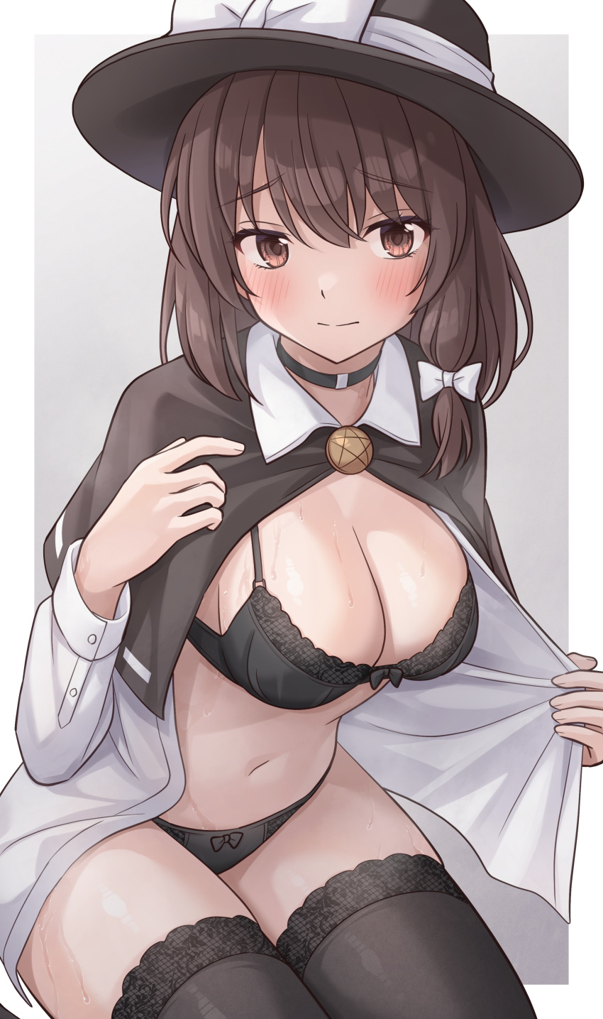 absurdres black_bra black_capelet black_hat black_panties black_thighhighs blush bow bow_panties bra breasts brown_eyes brown_hair capelet choker cleavage female hat highres medium_breasts open_clothes open_shirt panties ramie_(ramie541) solo thighhighs touhou underwear usami_renko white_hair