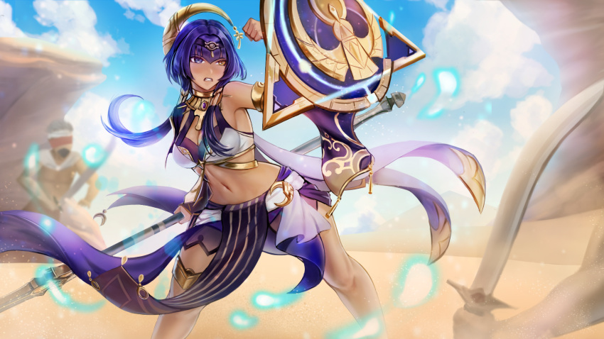 ancient_egyptian ancient_egyptian_clothes ankh blue_hair candace_(genshin_impact) eremite_(faction) eye_of_horus female fighting genshin_impact heterochromia highres holding holding_polearm holding_weapon jewelry k.chanichy navel neck_ring polearm shield short_hair_with_long_locks staff_of_the_scarlet_sands_(genshin_impact) weapon