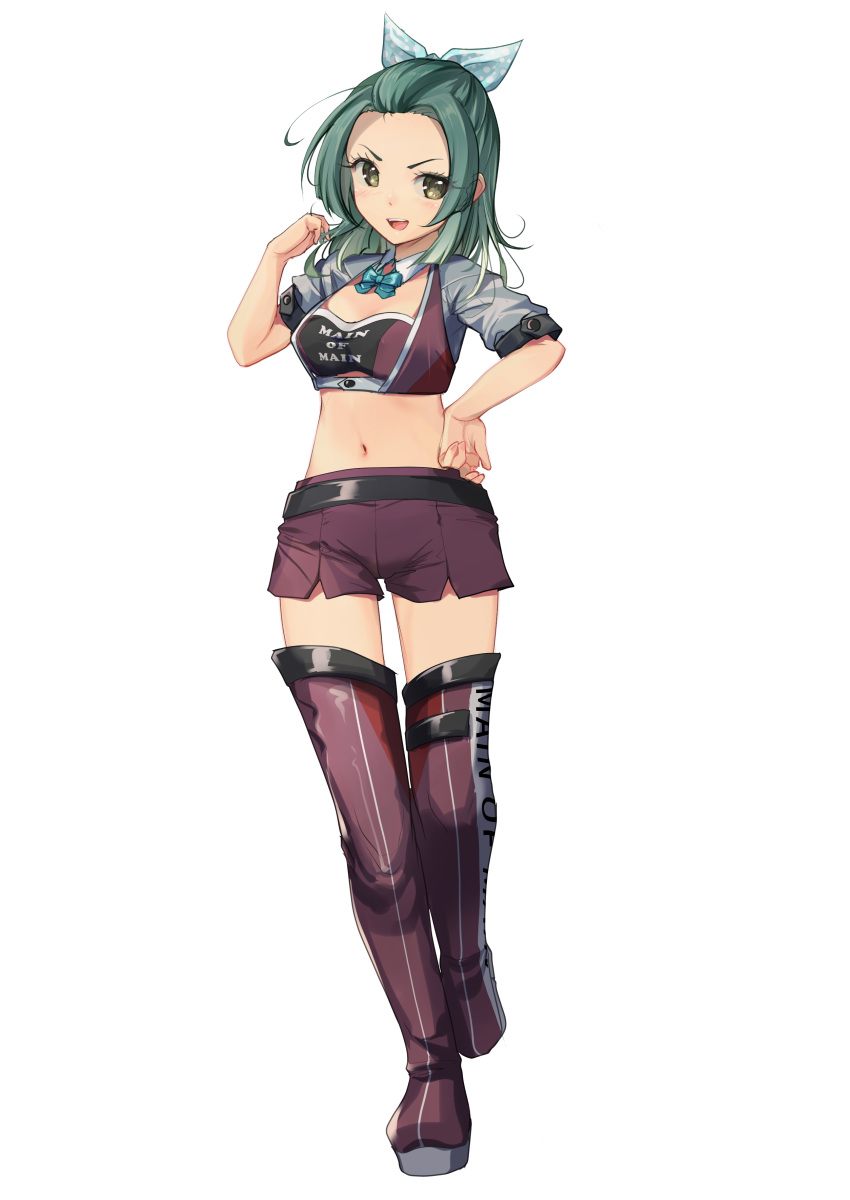 absurdres aqua_bow aqua_bowtie bandeau bow bowtie clothes_writing commentary_request cropped_jacket detached_collar female forehead full_body green_eyes green_hair highres jacket kantai_collection midriff navel polka_dot polka_dot_ribbon purple_bandeau purple_shorts purple_thighhighs race_queen ribbon shorts solo suzunami_(kancolle) thighhighs white_background white_jacket yashin_(yasinz)