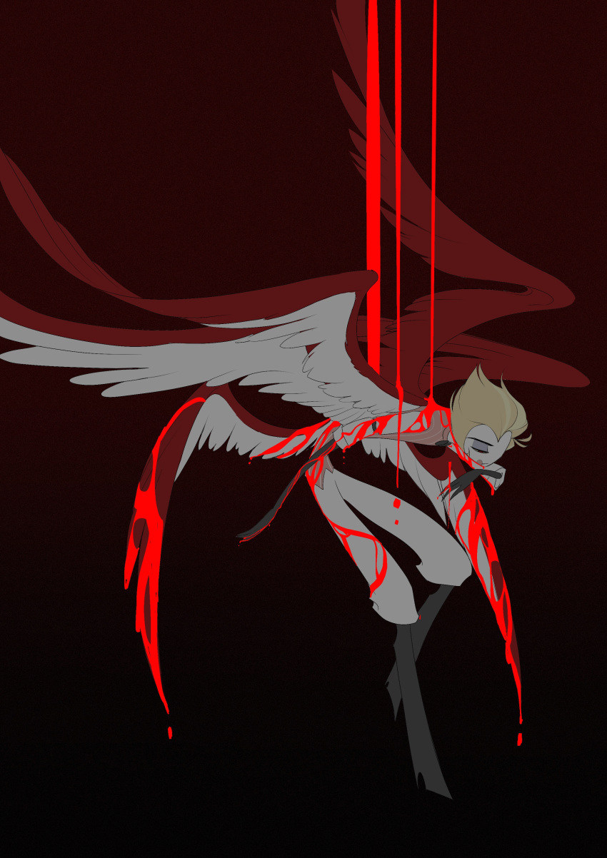 1boy absurdres angel_wings blonde_hair blood blood_on_clothes blush_stickers demon_boy feathered_wings fine-x0356 hair_slicked_back hazbin_hotel highres lucifer_morningstar_(hazbin_hotel) solo wings