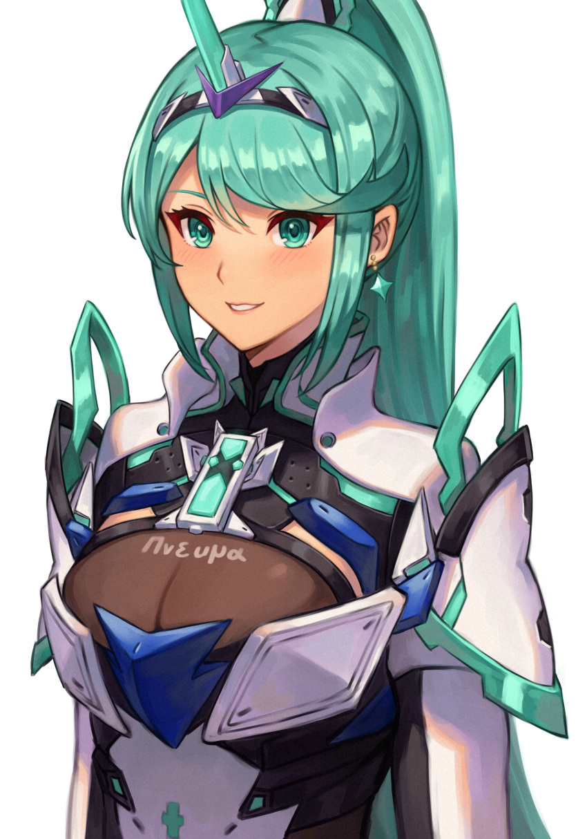 20060715 absurdres armor blush breasts character_name cleavage earrings female green_eyes green_hair high_ponytail highres jewelry long_hair pneuma_(xenoblade) see-through_cleavage see-through_clothes simple_background smile solo star_(symbol) star_earrings upper_body white_armor white_background xenoblade_chronicles_(series) xenoblade_chronicles_2