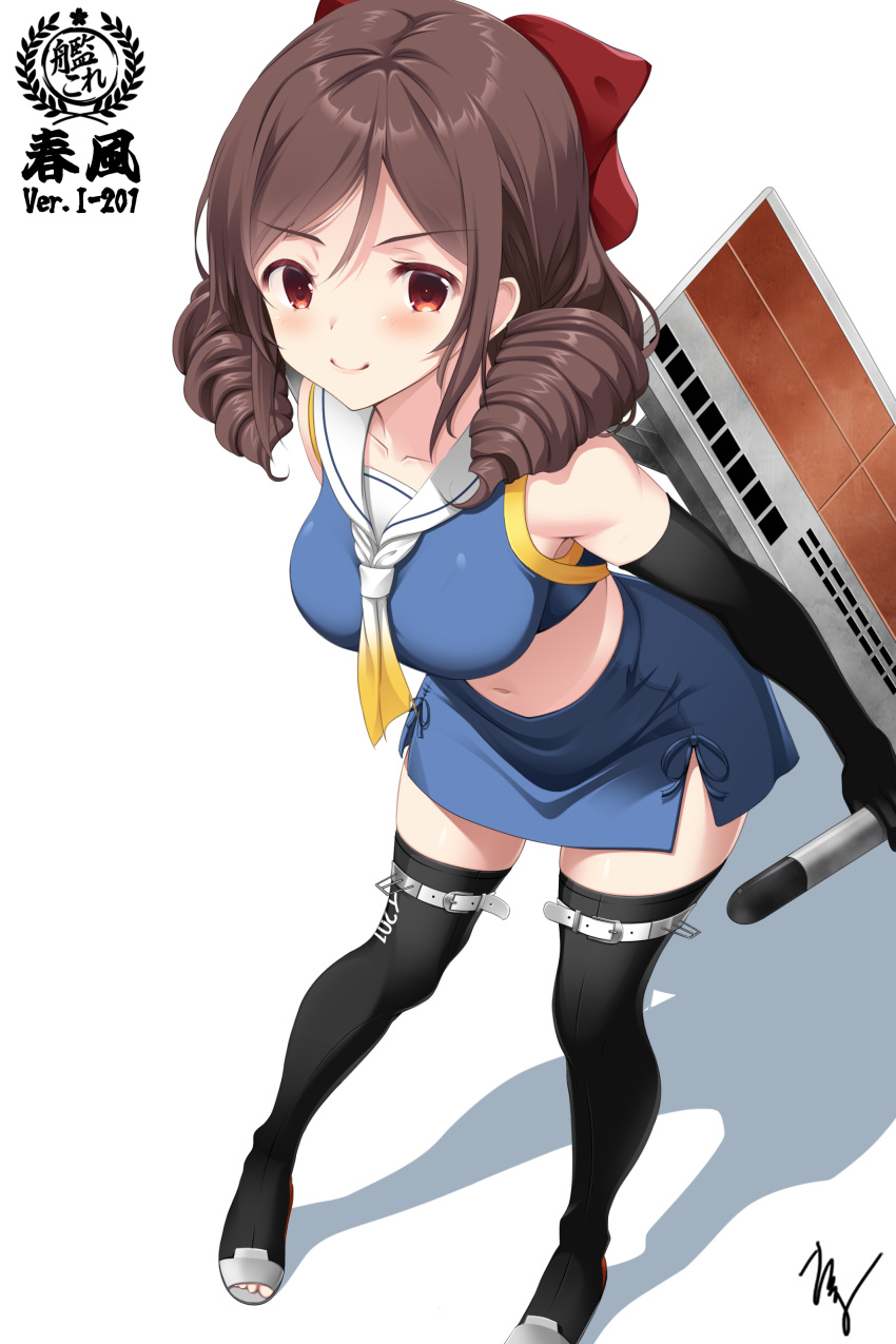 absurdres black_gloves black_thighhighs blue_skirt bow brown_hair cosplay crop_top drill_hair elbow_gloves female gloves hairbow harukaze_(kancolle) highres holding holding_torpedo i-201_(kancolle) i-201_(kancolle)_(cosplay) kantai_collection long_hair navel nontraditional_school_swimsuit red_bow red_eyes sailor_collar school_swimsuit skirt smile solo swimsuit takuma_(takumo7121) thighhighs torpedo twin_drills white_sailor_collar