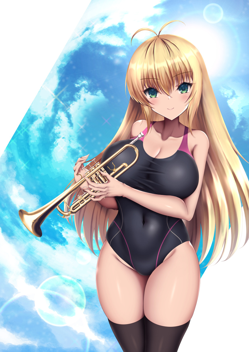 absurdres akina_t antenna_hair black_one-piece_swimsuit black_thighhighs blonde_hair blue_sky breasts cleavage cloud competition_swimsuit covered_navel cowboy_shot female green_eyes groin highres instrument large_breasts lens_flare long_hair looking_at_viewer name_tag one-piece_swimsuit sky smile solo swimsuit thighhighs trumpet tsurumaki_maki voiceroid