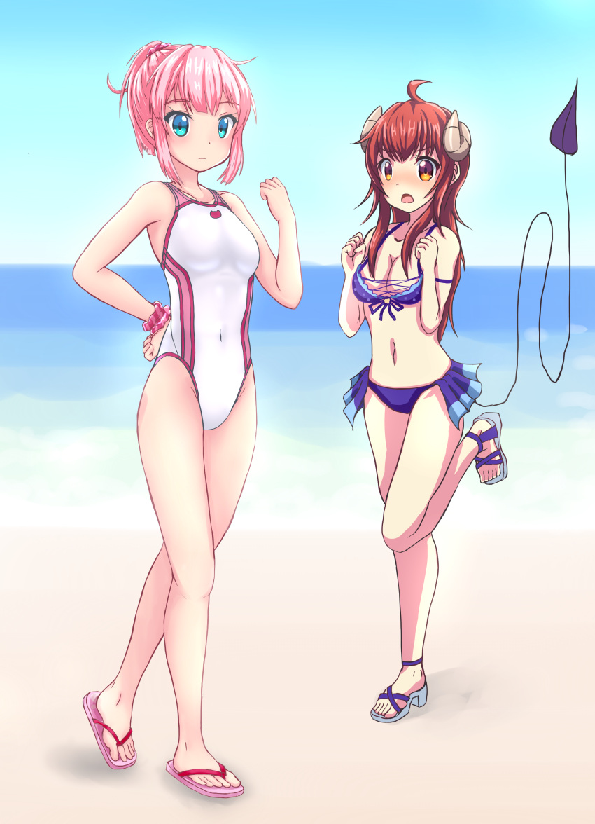 2girls absurdres ahoge beach bikini blue_bikini blue_eyes blue_sky breasts brown_eyes brown_hair chiyoda_momo cleavage cloud competition_swimsuit covered_navel curled_horns day demon_girl demon_horns demon_tail expressive_tail frilled_bikini frills full_body highleg highleg_one-piece_swimsuit highres horizon horns long_hair machikado_mazoku medium_breasts multiple_girls ocean official_alternate_costume one-piece_swimsuit outdoors pink_hair sandals short_hair sidelocks sky small_breasts swimsuit tail white_one-piece_swimsuit yonesuke_(yonesukesuke) yoshida_yuuko_(machikado_mazoku)