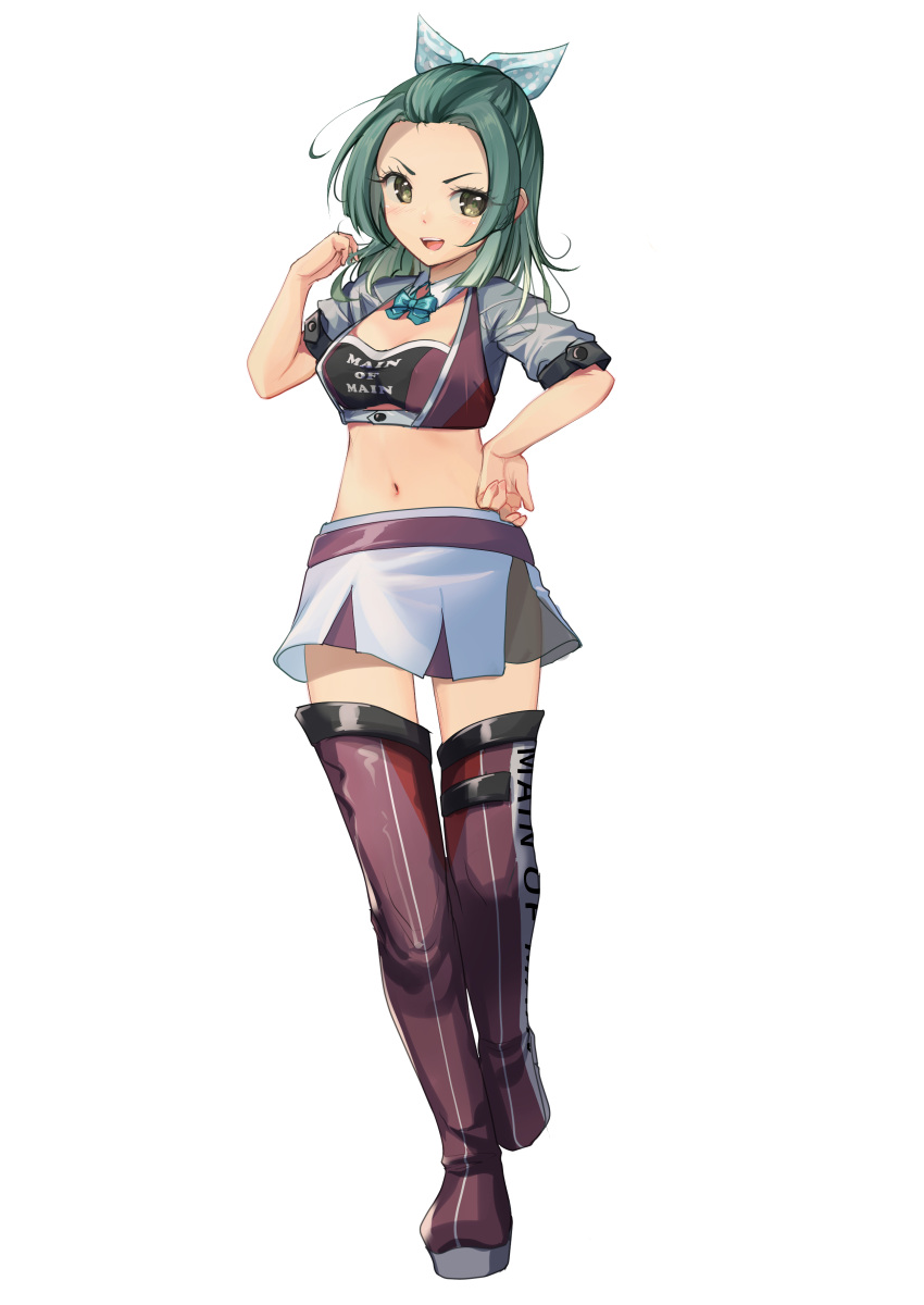 absurdres aqua_bow aqua_bowtie bandeau bow bowtie clothes_writing commentary_request cropped_jacket detached_collar female forehead full_body green_eyes green_hair highres jacket kantai_collection midriff navel pleated_skirt polka_dot polka_dot_ribbon purple_bandeau purple_thighhighs race_queen ribbon skirt solo suzunami_(kancolle) thighhighs white_background white_jacket white_skirt yashin_(yasinz)