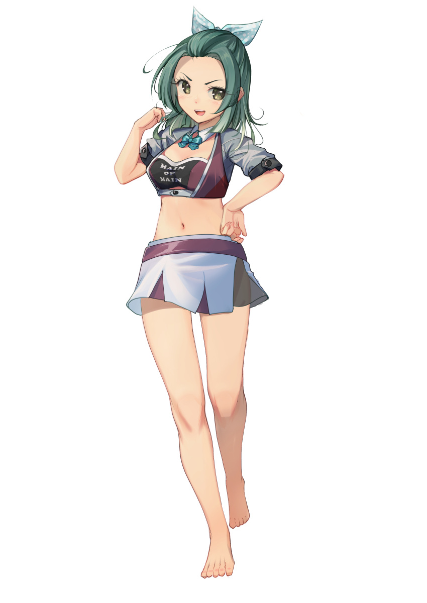 absurdres aqua_bow aqua_bowtie bandeau barefoot bow bowtie clothes_writing commentary_request cropped_jacket detached_collar female forehead full_body green_eyes green_hair highres jacket kantai_collection midriff navel pleated_skirt polka_dot polka_dot_ribbon purple_bandeau race_queen ribbon skirt solo suzunami_(kancolle) white_background white_jacket white_skirt yashin_(yasinz)