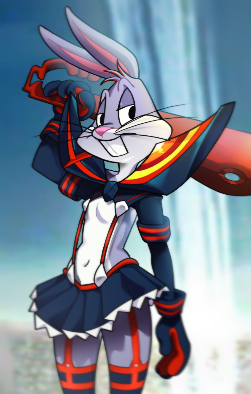 2024 absurd_res anthro buckteeth bugs_bunny clothed clothing cosplay crossdressing duo femboy fur grey_body grey_fur hairlessboyblunder hi_res kill_la_kill lagomorph leporid looney_tunes male mammal melee_weapon multicolored_body multicolored_fur navel rabbit senketsu studio_trigger sword teeth two_tone_body two_tone_fur warner_brothers weapon white_body white_fur