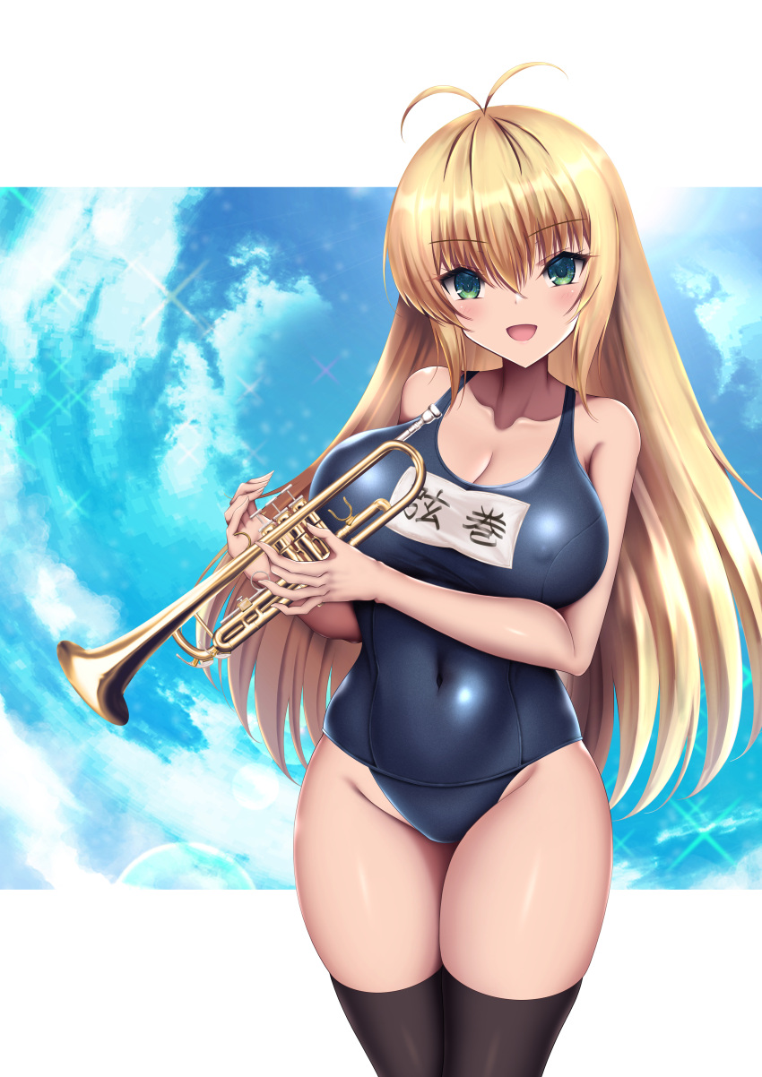 absurdres akina_t antenna_hair black_thighhighs blonde_hair blue_one-piece_swimsuit blue_sky breasts cleavage cloud covered_navel cowboy_shot female green_eyes highres instrument large_breasts long_hair looking_at_viewer name_tag old_school_swimsuit one-piece_swimsuit open_mouth school_swimsuit sky smile solo swimsuit thighhighs trumpet tsurumaki_maki voiceroid