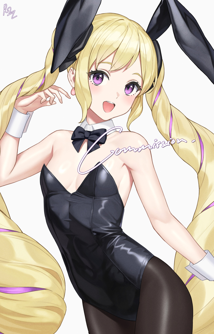 absurdres alternate_costume animal_ears black_bow black_bowtie black_leotard black_pantyhose blonde_hair bow bowtie breasts cowboy_shot detached_collar dhokidoki elise_(fire_emblem) female fire_emblem fire_emblem_fates highres leotard long_hair multicolored_hair open_mouth pantyhose playboy_bunny purple_eyes purple_hair rabbit_ears round_teeth simple_background small_breasts smile solo strapless strapless_leotard streaked_hair teeth twintails upper_teeth_only white_background wrist_cuffs