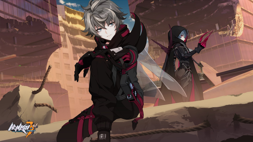 1boy ass back bags_under_eyes black_bodysuit black_cape black_gloves black_hair black_jacket black_pants blue_eyes blue_sky bodysuit cape city claw_(weapon) closed_mouth cloud cloudy_sky debris female gloves grey_hair highres honkai_(series) honkai_impact_3rd jacket official_art owl_(honkai_impact) pants purple_eyes raven_(honkai_impact) sitting sky weapon