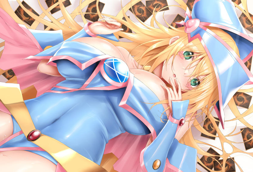 blonde_hair blue_dress blue_hat blush breasts calcio cleavage dark_magician_girl dress duel_monster green_eyes hat highres large_breasts long_hair long_sleeves looking_at_viewer lying navel on_back open_mouth trading_card witch_hat yu-gi-oh!