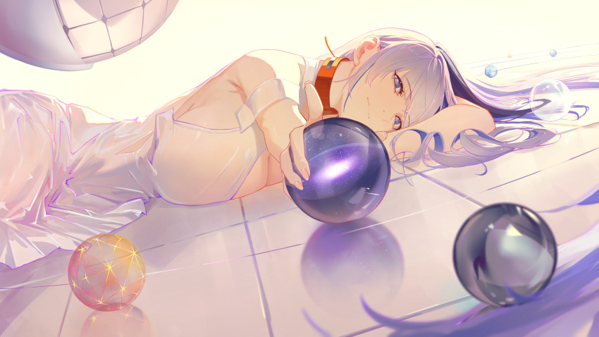 absurdres armband awakening_(neural_cloud) ball blue_eyes blue_hair breasts cleavage closed_mouth collar commentary dress english_commentary female foreshortening girls'_frontline girls'_frontline_neural_cloud highres holding holding_ball hubble_(astral_brilliance)_(neural_cloud) hubble_(neural_cloud) long_hair looking_at_viewer lying multicolored_hair official_alternate_costume on_floor red_collar see-through_clothes see-through_dress serelith solo two-tone_hair white_armband white_dress white_hair