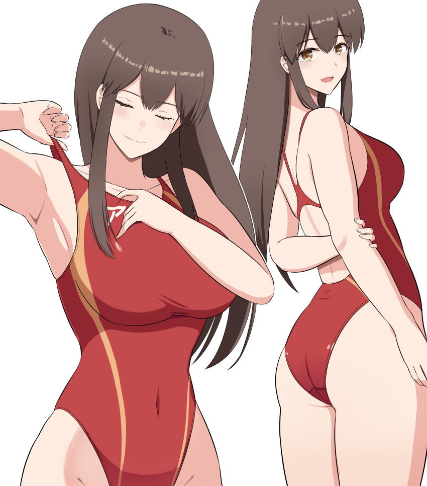 absurdres akagi_(kancolle) ass black_hair breasts brown_eyes commentary_request competition_swimsuit covered_navel female hair_between_eyes highleg highleg_one-piece_swimsuit highres kantai_collection large_breasts long_hair mayomaru1 multiple_views one-piece_swimsuit racerback red_one-piece_swimsuit simple_background swimsuit white_background