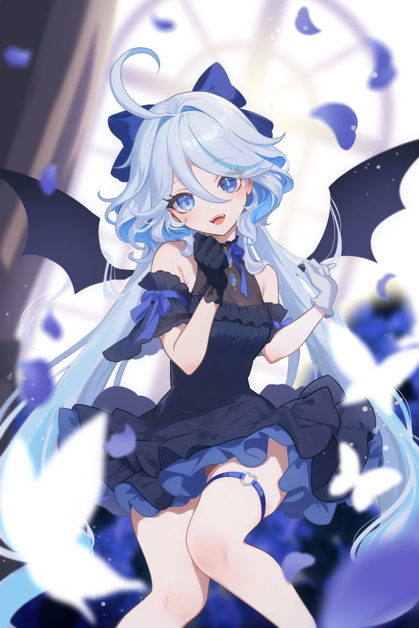 absurdres alternate_costume armpit_crease asymmetrical_gloves bat_wings black_dress black_gloves black_sleeves blue_bow blue_eyes blue_gemstone blue_hair blurry blurry_background bow breasts bug butterfly cleavage cowlick detached_sleeves dress drop-shaped_pupils eyelash_ornament falling_petals female furina_(genshin_impact) gem genshin_impact gloves hairbow heterochromia highres light_blue_hair light_particles mismatched_gloves open_mouth petals rrr_gns_(riuriu_1212) solo symbol-shaped_pupils thigh_strap wavy_hair white_butterfly white_gloves wings