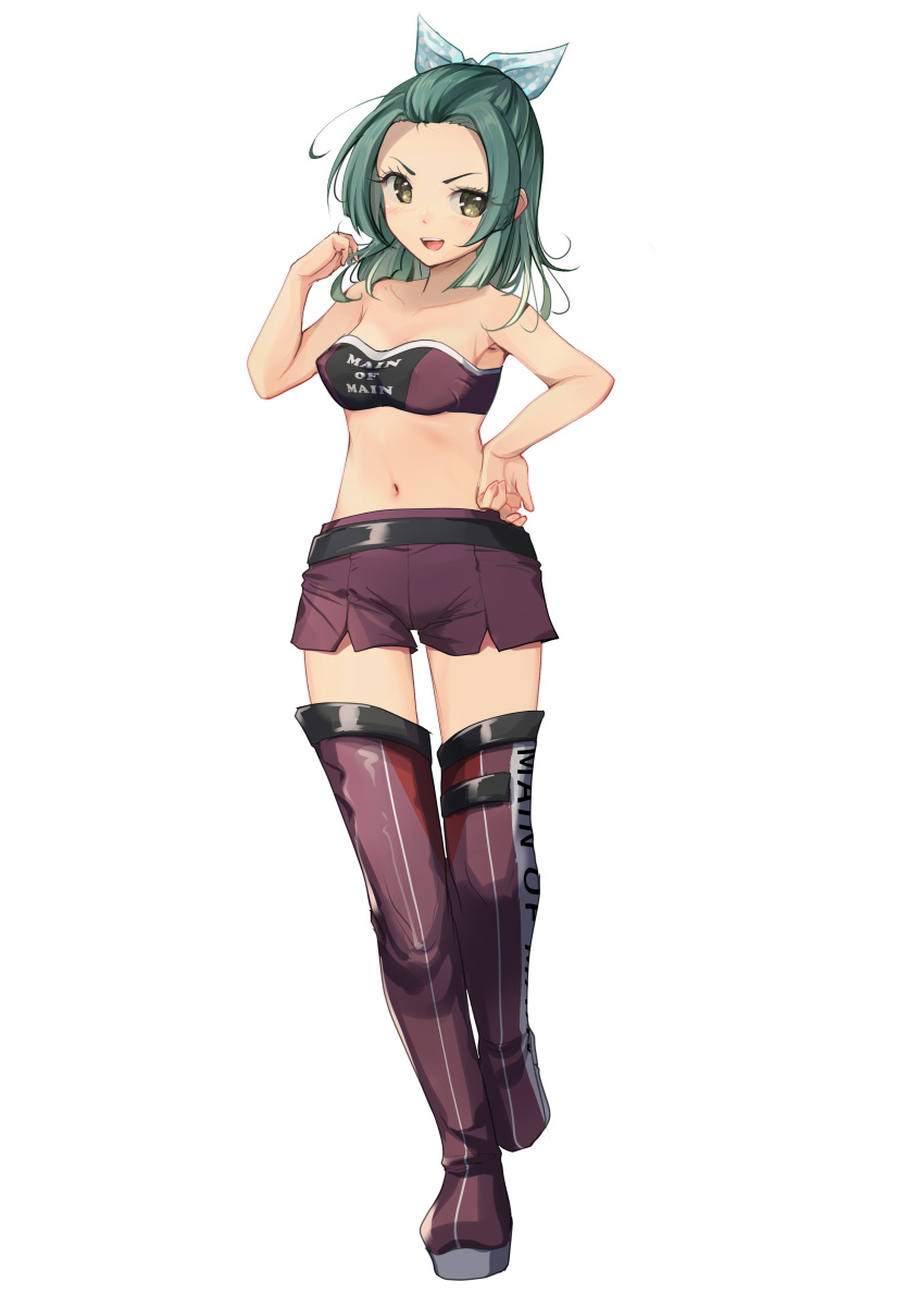 absurdres aqua_bow aqua_bowtie bandeau bare_shoulders bow bowtie clothes_writing commentary_request detached_collar female forehead full_body green_eyes green_hair highres kantai_collection midriff navel polka_dot polka_dot_ribbon purple_bandeau purple_shorts purple_thighhighs race_queen ribbon shorts solo suzunami_(kancolle) thighhighs white_background yashin_(yasinz)