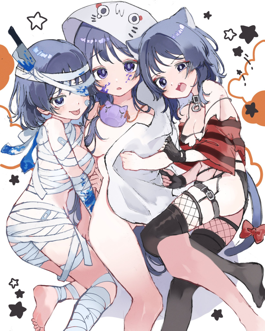 3girls animal_ears ass_visible_through_thighs bandage_on_chest bandage_on_elbow bandage_on_face bandage_on_hip bandage_on_knee bandage_on_leg bandage_on_neck bandage_on_thigh bandage_over_one_eye bandaged_ankle bandaged_arm bandaged_chest bandaged_head bandaged_leg bandaged_neck bandaged_torso bandaged_waist bandages bandages_over_eyes bandaid bandaid_on_ass bandaid_on_face barefoot belt belt_collar black_belt black_bra black_choker black_gloves black_panties black_thighhighs blood blood_on_bandages blood_on_face blood_on_knife blue_blood blunt_ends blush bow bra breasts bright_pupils cat_ears cat_tail choker clenched_hand cloak collar collarbone eyeliner eyeshadow face_print facial_mark fishnet_thighhighs fishnets garter_belt genderswap_(mtf) genshin_impact ghost_costume gloves grey_eyes hair_over_breasts hair_over_shoulder halloween halloween_costume hand_on_another's_arm hand_on_own_stomach highres hip_strap hood hooded_cloak kingyo_(user_xyuc7787) knife knife_in_head leg_lock long_hair looking_at_viewer makeup micro_bra multiple_girls mummy_costume naughty_face navel object_through_head oerba_yun_fang open_mouth panties partially_fingerless_gloves purple_eyes purple_hair raised_eyebrows red_bow red_eyeliner red_eyeshadow red_sleeves rule_63 scaramouche_(cat)_(genshin_impact) scaramouche_(genshin_impact) scaramouche_(kabukimono)_(genshin_impact) short_hair sidelocks skindentation star_(symbol) strap_slip string striped_sleeves tail tail_bow tail_ornament thigh_belt thigh_strap thighhighs thighs tongue tongue_out underwear uneven_eyes vampire_costume wanderer_(genshin_impact) whisker_markings white_cloak white_hood white_pupils