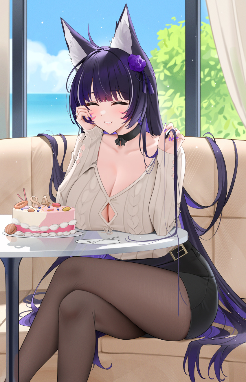 ^_^ absurdres alternate_costume animal_ear_fluff animal_ears azur_lane black_choker black_pantyhose black_skirt blush breast_rest breasts breasts_on_table cake choker cleavage closed_eyes collarbone commentary_request crossed_legs facial_mark facing_viewer female fingernails flower food fox_ears fox_girl hair_flower hair_ornament head_rest highres large_breasts long_hair miniskirt musashi_(azur_lane) nail_polish pantyhose purple_hair purple_nails qing_wu round_table shirt sitting skirt smile solo table very_long_hair whisker_markings white_shirt