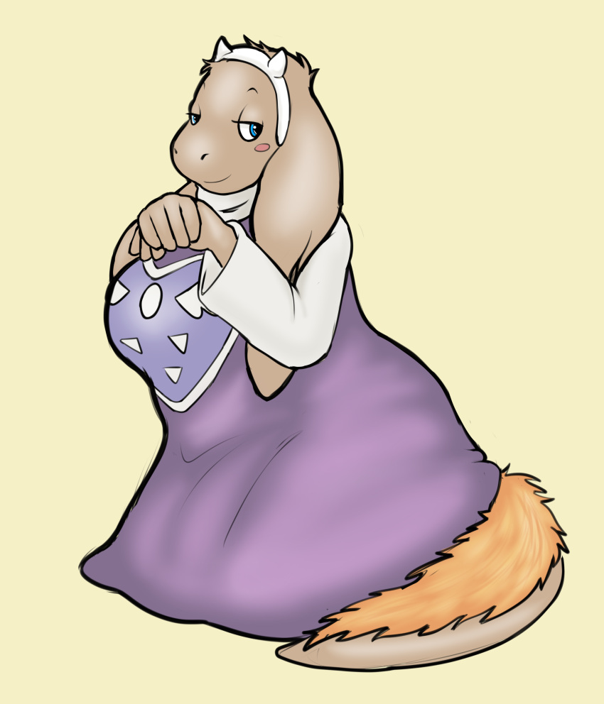 2024 absurd_res accessory anthro bent_arm big_breasts blue_eyes blush breasts clothed clothing colored cosplay crossover crossover_cosplay digital_media_(artwork) eyebrows fake_horns female final_fantasy floppy_ears fur glistening glistening_eyes grey_body grey_fur hands_together headband hi_res jerkdraws kneeling long_ears long_tail looking_aside lop_ears mature_anthro mature_female nu_mou orange_body orange_fur purple_clothing purple_robe robe simple_background smile solo square_enix tail tail_mane toriel undertale_(series) yellow_background