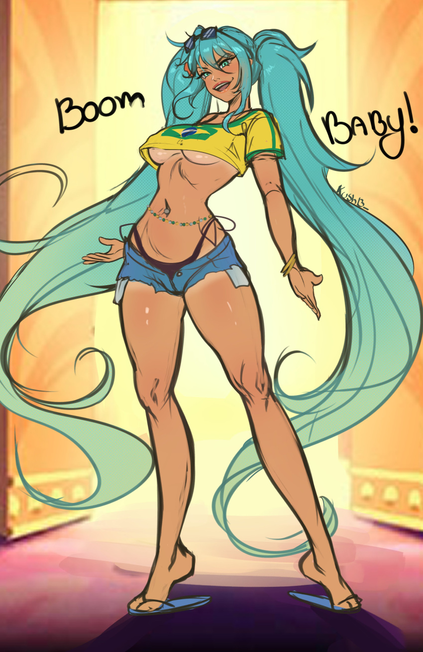 absurdres aqua_eyes aqua_hair bare_legs bikini bikini_under_clothes black_bikini blue_shorts bracelet brazilian_flag_print brazilian_miku breasts come_at_me_bro commentary cropped_shirt cutoffs denim denim_shorts english_text exposed_pocket eyewear_on_head female flower full_body hair_flower hair_ornament hatsune_miku highres jewelry kushb large_breasts legs_apart long_eyelashes long_hair long_legs midriff multiple_bracelets navel navel_piercing no_bra open_clothes open_fly open_mouth open_shorts parody piercing red_lips sandals scene_reference shirt_tan short_shorts short_sleeves shorts shorts_tan smile solo stomach sunglasses swimsuit symbol-only_commentary tan tanline_peek tanlines teeth the_emperor's_new_groove thick_thighs thighs tiptoes toned twintails underboob upper_teeth_only very_long_hair vocaloid