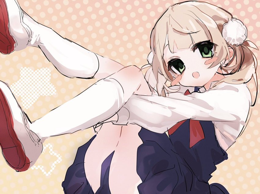 ass black_dress blonde_hair blush_stickers bow bowtie brown_background dress female green_eyes hair_ornament highres indie_virtual_youtuber kmnk_(kumanuko) legs_up long_hair long_sleeves looking_at_viewer open_mouth polka_dot polka_dot_background pom_pom_(clothes) pom_pom_hair_ornament red_bow red_bowtie shigure_ui_(vtuber) shigure_ui_(vtuber)_(young) shirt sidelocks simple_background smile solo twintails virtual_youtuber white_shirt