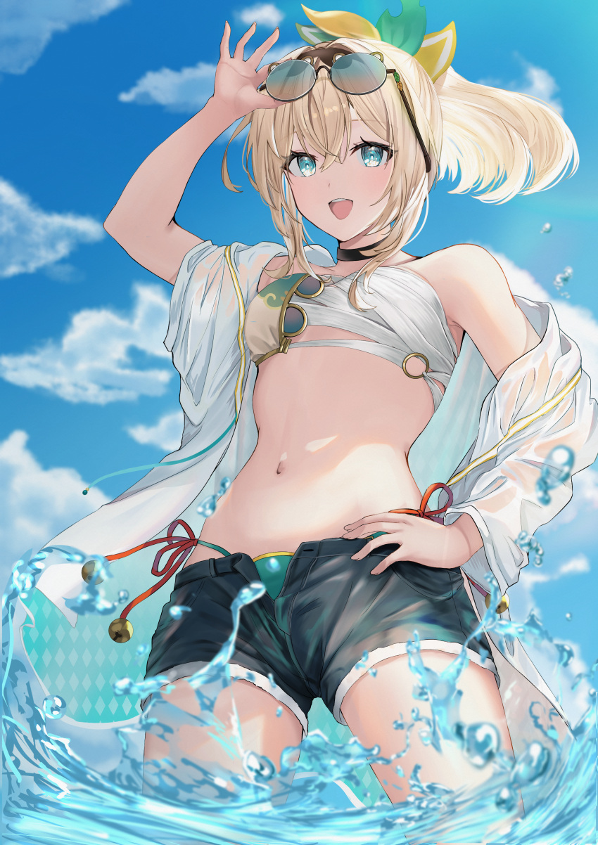 :d absurdres adapted_costume adjusting_eyewear aqua_eyes bikini black_shorts blonde_hair blue_sky chest_sarashi cloud commentary_request day eyewear_on_head female hand_on_own_hip highleg highleg_bikini highres hololive jacket kazama_iroha kazama_iroha_(1st_costume) looking_at_viewer navel open_clothes open_fly open_shorts outdoors piyottorabitto ponytail sarashi short_shorts shorts side-tie_bikini_bottom sky smile sunglasses swimsuit swimsuit_under_clothes teeth upper_teeth_only virtual_youtuber wading water white_jacket